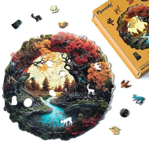 Figured'Art Puzzle in Legno per Adulti e Bambini, 200 Pezzi - Fiume Autunnale - Design Originale 28,5x28,3 cm Forme Uniche, Confezione Premium in Legno, Idea regalo