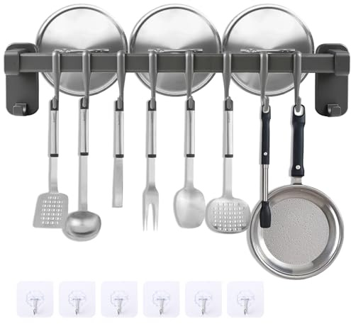 Beylce Hakenleiste Küchenreling Ohne Bohren, Stange für Küchenutensilien Wand 8 Haken, Küchenstange mit Messerhalter und Topfdeckel Halter und 6 Klebehaken Transparent, 40cm Grau