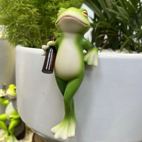 FONDUO Frosch Figuren Deko Frühling Garten Deko für Draußen Wetterfest Harz Gartenfigur Blumentopf Hängend Decor Gartendeko Statue Für Außen Garten Kantenhocker Dekoration Geschenk (A)
