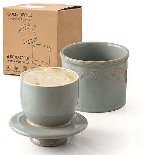 HOME DECOR Butterdose Keramik, Relief-Print, Butterglocke - Türkisgrün | Handgefertigt, Reaktive Glasur, BPA Frei, Butter dauerhaft streichzart, Spülmaschinenfest, 170 g/180 ml Fassungsvermögen