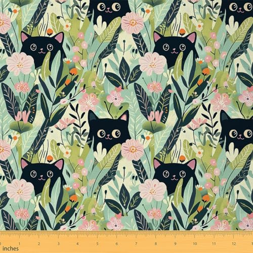 Loussiesd Nette Katze Stoff 92x150cm Kinder Garten Blume Patchwork Stoffe für Stühle Dekor Botanische Tiere Stoff Meterware für Stühle Kawaii Katze Stoffpaket Dekor für Stühle Natur