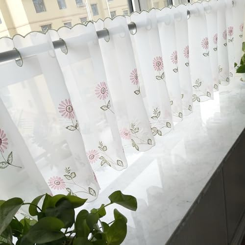 A.Monamour Tenda Corta Piccola Rustico Cafe Voile Net Margherita Fiori Ricamo Semi Trasparente Eyelet Top, Voile Rosa Tenda a Pannello a Vetro da Cucina Bistrot Caffè Mezza Mantovana Tendina