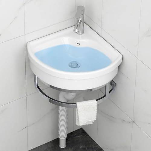 Lavabo Pequeño para Baño, Lavabo de Esquina de Pared, Minilavabo de Cerámica Blanca con Toallero y Rebosadero, para Cocina, Baño, Restaurante, Casa de Campo, Lavandería(26x26x19cm)