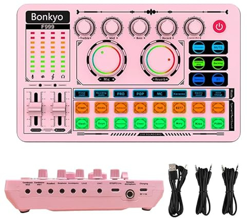 F999 Pink Live Streaming Sound Card, Professional Audio Mixer, Voice Changer Soundboard with Audio Interface, Bluetooth, Noise Reduction, DJ Mixer Board for Live/Podcasting/Gaming