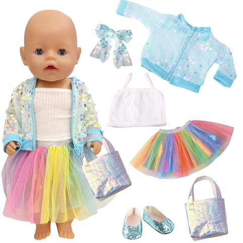 Puppenkleidung für 14 16 17 18 Zoll Baby Puppen 6 Stück Kleidung Outfits Kleid Leibchen Paillettenjacke Stirnband Schuhe Tasche für 35-45 cm Neugeborene Baby Puppen Mädchen Geburtstagsgeschenk