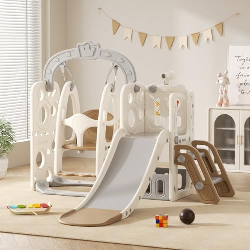 Scivolo e Altalena per Bambini con Scala da Arrampicata: Parco Giochi per Interni ed Esterni con box Portaoggetti Tunnel Scale Canestro da Basket e Zona di Passaggio (Elf-B-Brown)