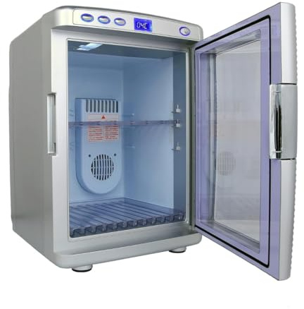 JUNG CR8062 Mini Kühlschrank 20L Glastür tragbar Kühl- und Heizfunktion leise Minikühlschrank LCD-Display tragbar für Auto Büro Camping Zuhause 12V 220V leiser Kompaktkühlschrank