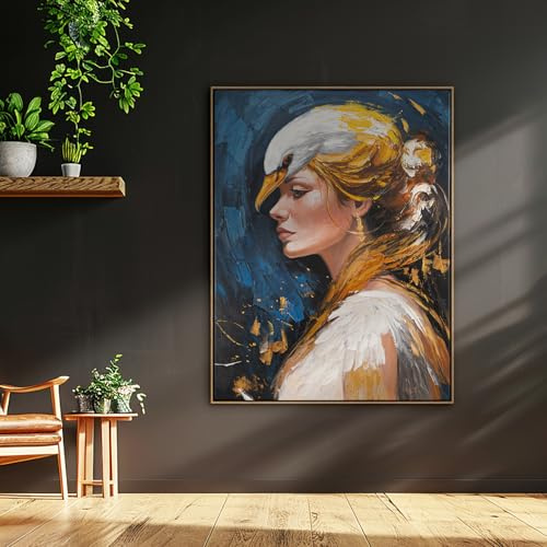 AUREDAS XXL Gemälde handgemalt - Schwanenkönigin - 150x200cm groß, mit Schattenfugenrahmen Eiche Hell, für Wohnzimmer Schlafzimmer, Büro, ein exqusites Wandbild als Leinwandbild