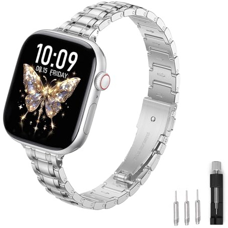 SOLOLUP Slim Metal Watch Straps Compatible With Apple Watch Strap SE 3/2 40mm 41mm 38mm 42mm(Serie 11/10) Women,Thin Stainless Steel Chain Band Wristband for iWatch Series 11 10 9 8 7 6 5 4 3,Silver