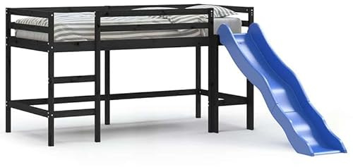 Eleganz Kinderhochbett mit Rutsche Schwarz 80x200 cm aus Massivholz Kiefer – Sicherer Spielspaß für Kinderzimmer | Langlebig & Stilvoll