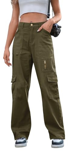 IVIR Cargo Pants Women High Waist Wide Leg Casual Pants with 7 Pockets Stretchy Drawstring Baggy Y2K Trousers Army Green L