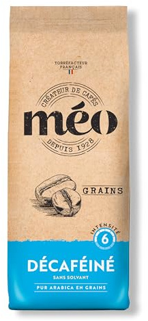 Cafés Méo - Café en Grains Décaféiné Pur Arabica - 3 kg - Intensité 6/10 - Arômes Authentiques, Doux et Aromatique - Lot de 12 x 250 gr
