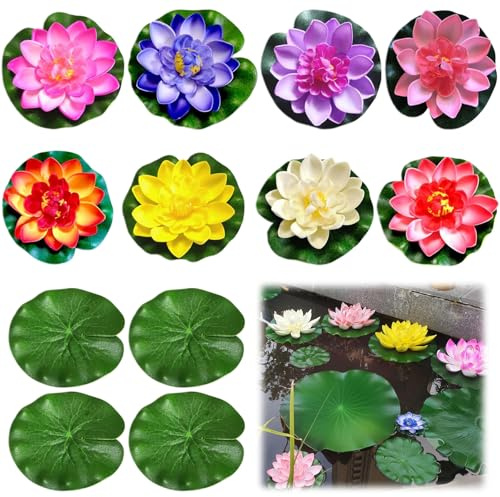 CUVZORA 12 Stück Realistischen Künstliche Lotusblumen und Lotusblättern, Schwimmende Seerose Klein,8 Farben künstlich Seerosen Deko, Ideal für Aquarium, Garten, Teichdeko und Brunnen Deko Draußen