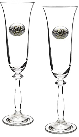 Gala&K | Set de 2 copas de cristal para champán | Para novios | Bodas de plata/oro | Aniversarios | Aplique bilaminado | Colección ANGELA-50 ANIVERSARIO.