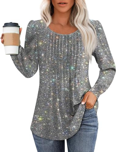 Shirt Langarm Damen Elegant Rundhals Langarmshirt Pullover Damen Winter Baumwolle Frühling Freizeit Sweatshirts Tunika Locker Damenpullover Pulli Long Sleeve Shirt Women(Silber,3XL)