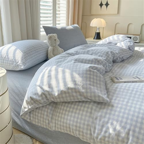 ZBOOM Juego de ropa de cama 140x200 Azul Blanco con estampado de cuadrícula para niños, juego de ropa de cama para niñas, funda de edredón y funda de almohada de 70x90 cm con cremallera
