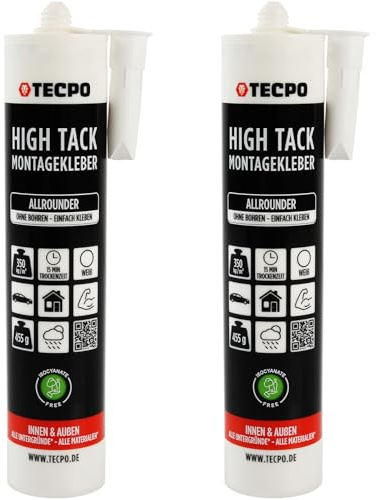 TECPO High Tack Montagekleber, 2X 455g zum Kleben, Dichten und Montieren Baukleber für Innen-und Außenbereich MS-Polymer Baukleber mit starker Anfangshaftung für Bauteile Kleben statt Bohren