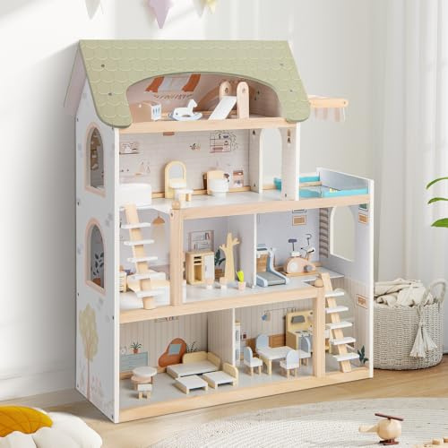 RELAX4LIFE Casa de Muñecas Madera de 4 Pisos con 33 Accesorios, 6 Habitaciones, Terraza, Piscina y 2 Escaleras, Casita de Muñecas de MDF y Madera Pino para Niños 3+ Años, Regalo Niña, 62x25x78cm