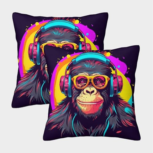 Funda De Cojín con Gorila DJ Juego De 2, Poliéster Suave Funda Almohadón con Cremallera Invisible, Fundas Decorativas De Cojín para Sofá Cama Hogar, 45x45cm