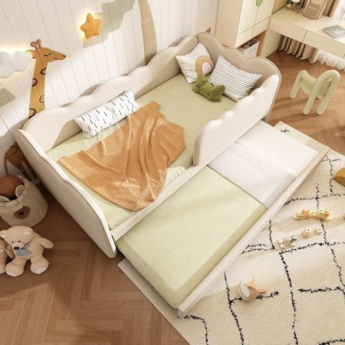 Daybed with Pull out Trundle Bed, 3ft Single Functional Upholstered Bed with Safety Guardrail and Wooden Slats, Linen Sofa Beds Guest Beds for Kids, Adults and Children, No Mattress, Beige, 90X190 cm