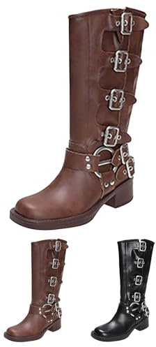 Western Boots kvinnor bred vad, västerländska stövlar kvinnor knästövel mode PU-läder västerländsk bröllopsskor klassiska fyrkantiga tåstövlar retro motorcykelstövlar med flera spännen ankelstövlar