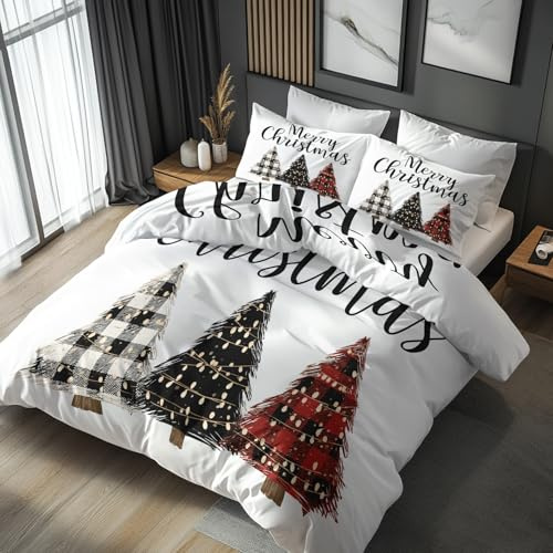 Generisch Bettwäsche 140x200 Frohe Weihnachten - Schlafzimmer Deko Bettbezug 140 x 200 2tlg Karierter Weihnachtsbaum Muster, 1 Kissenbezug 70x90, mit Reißverschluss, Weich Mikrofaser TG#172