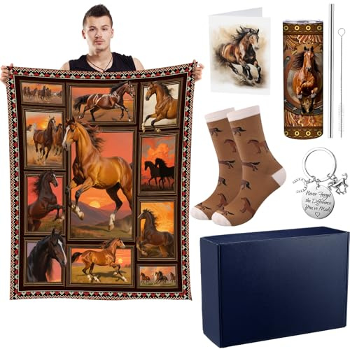 Tinlade 6 Pcs Christmas Horse Blanket Set Include Horse Throw Blanket 60''x50'' Insulated Tumbler Socks Greeting Card Keychain Gift Box Horses Lover Gifts for Men Women Boys Christmas Holiday