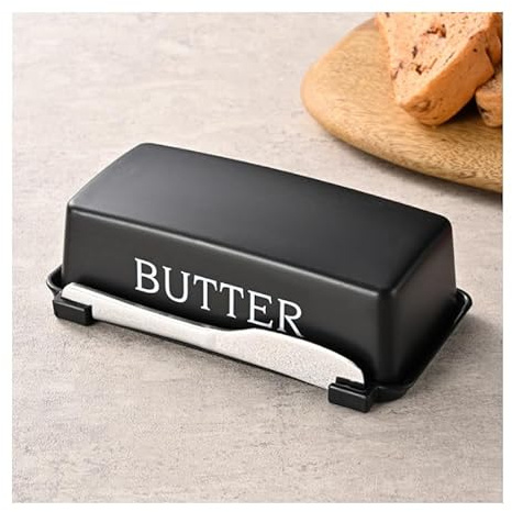 Beurrier avec couvercle et couteau, passe au lave-vaisselle avec couvercle pour comptoir et réfrigérateur (noir)