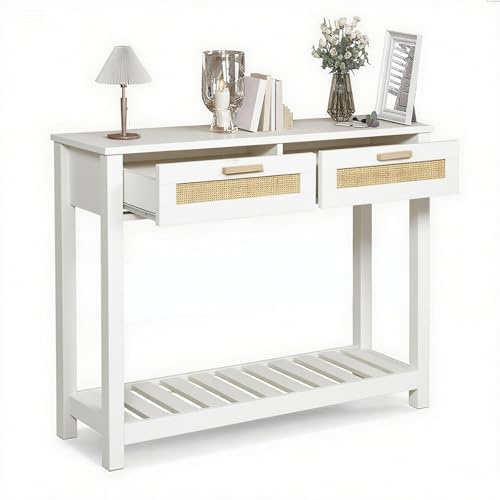 GRAVFORCE Konsolentisch schmal Console Table mit 2 Schublade, offene Ablage, Beistelltisch mit Kippschutz Flur Möbel, Sofatisch für Eingang, Wohnzimmer, Rattan (Weiß)