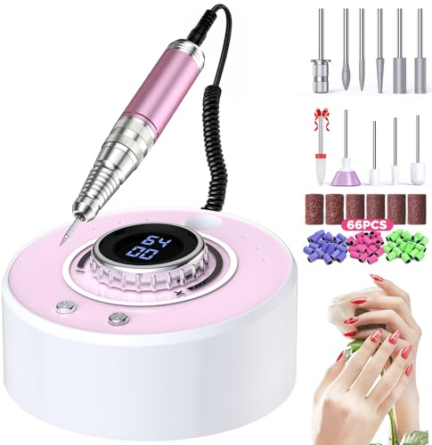 Happnear Electric Nail Drill Kit Professional 40000RPM Rechargeable Cordless Nail Drill with 12 Bits & 66 Sanding Bands for Acrylic/Gel Removal & Faster Shaping Manicure & Pedicure Home/Salon (Pink)