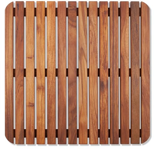 Nordic Style Premium Teak Shower + Bath Mat for Indoor + Outdoor Use | Non-Slip Wooden Platform for Spa, Sauna, Shower, Pool, Bath, Hot Tub | Flooring Decor and Protector (Oiled Finish, 19.6 x 19.6)