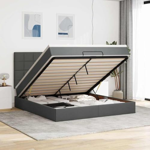 Yunovire Ottomansäng med madrass, mörkgrå 180 x 200 cm tyg, hydrauliskt förvaringsutrymme, fickfjäderkärna, modernt sovrum möbelset