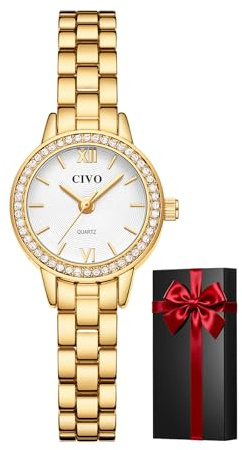 CIVO Reloj Mujer Acero Inoxidable: Esfera en Relieve Concéntrico Relojes Dorado Analógico - Pequeño Impermeable Cuarzo con Diamantes - Regalos Moda para Boda Valentín Aniversario