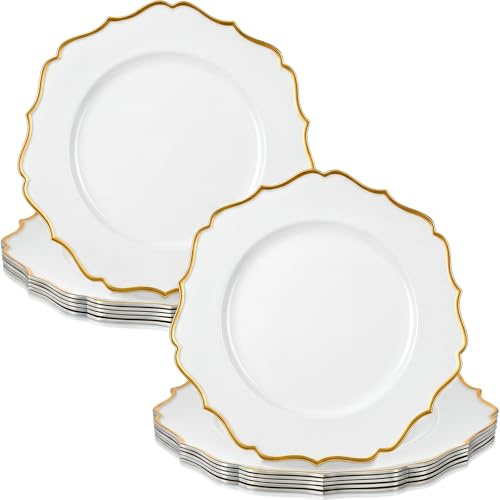 Blushtier 12 Pack 13 Inch Heavy Quality Round Charger Plates Floral Charger Plates with Gold Rim Decorative Reusable Dinner Plate for Home Party Wedding Kitchen Tabletop Decoration (White)
