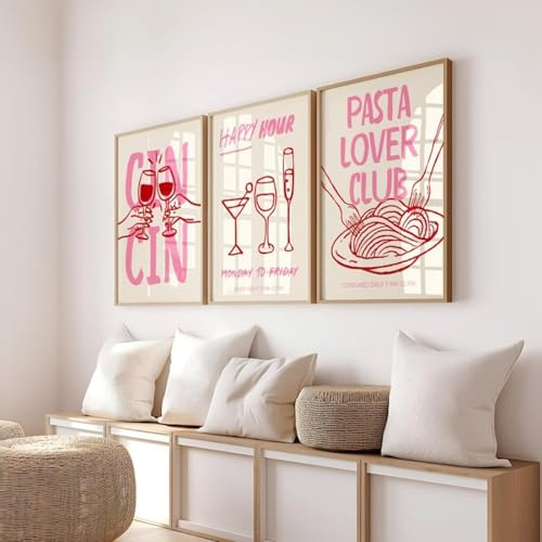 Xiyocadt 3er Poster Set,Küche Wandbilder Kunstdruck Kaffee Pasta Wein Bild,Rosa Cocktail Poster,Vintage Bilder für Küche Wohnzimmer Deko Küche Aesthetic Deko,Ohne Rahmen (40x60cm)