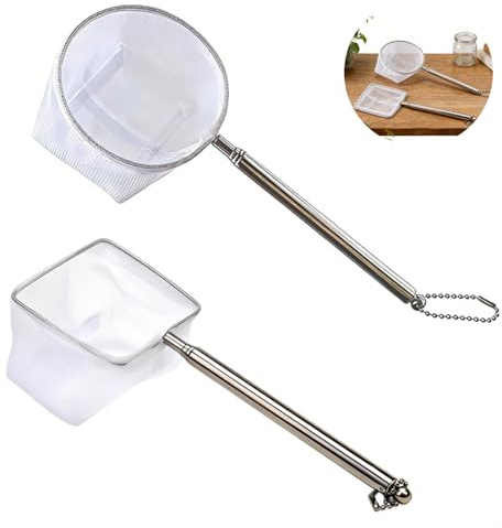 2 Stück Aquarium Kescher Set, Feinmaschiges Fischnetz mit Ausziehbarem Edelstahlgriff, Weißes Quadratisches & Rundes Netz für Garnelen & Kleine Fische, Sicheres Aquarium Zubehör zur Reinigung