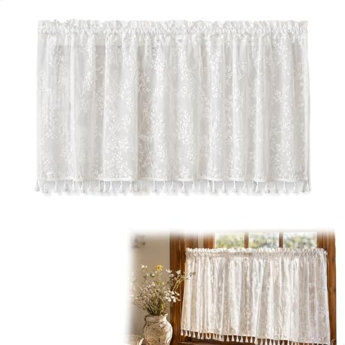 keyuancan Tende Cucina, Tenda a Vetro per Finestra Motivo in Pizzo a Fogliame, Finestra Tenda Corta per Cucina con Nappe, Tendine Finestre a Vetro per Finestre Soggiorno Bagno, 140x60cm, Bianco