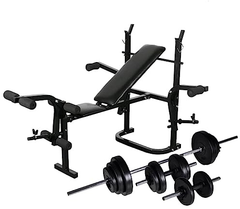 GeenYuu Träningsbänk med hylla och justerbart ryggstöd, skivstång och hantel set 30,5 kg, vikbar, robust stålträningsutrustning för styrketräning, muskelbyggande, bänkpress hemma