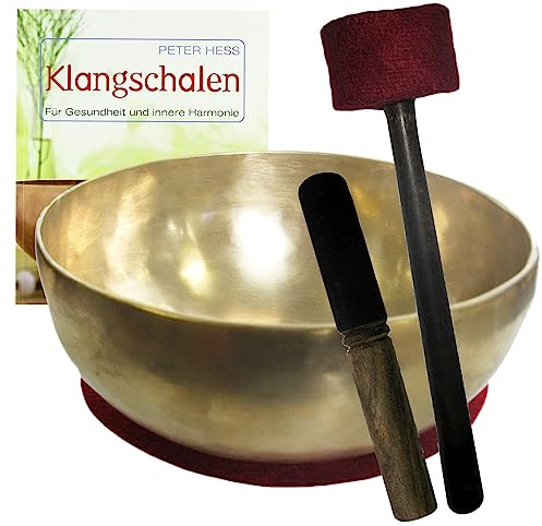 Klangschale KLEINE BECKENSCHALE Therapie-Qualität 4-teiliges Klangmassage-Set + BUCH von Peter Hess. Therapieklangschale ca. 1400-1600g ca. 22-24cm mit Kissen, Holz-Leder-Klöppel. 70044