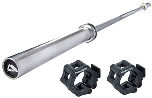 MSPORTS Langhantelstange Olympia Professional Silber Matt | Premium Qualität - Kugelgelagert - 50 mm Bohrung - gerändelte Grifffläche | Langhantel (Langhantel + Verschluss)