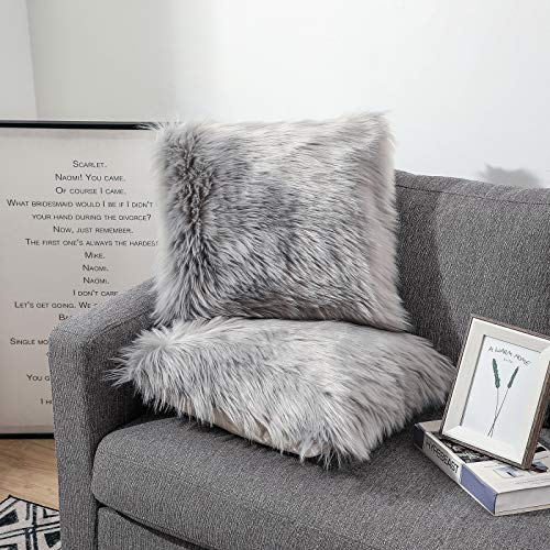 Sweetwill Pack of 2 Decorative Cushion Covers Grey 50x50CM Decorative Cushion Sheepskin Lambskin Faux Fur Long Hair Sofa Cushion Cuddly Cushion
