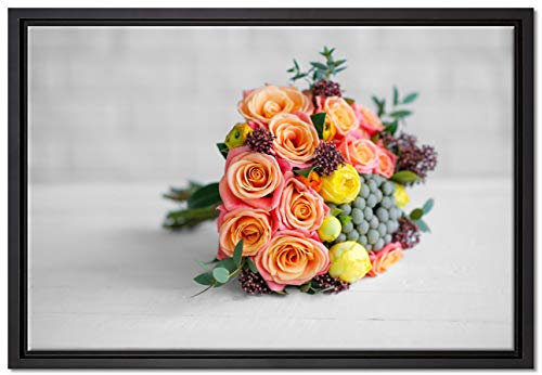 Pixxprint Romantischer Blumenstrauß Leinwandbild 60x40 cm im Bilderahmen, Wandbild, Schattenfugenrahmen, Kein Poster