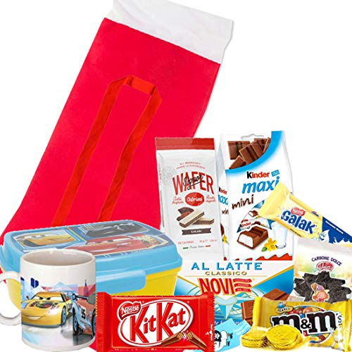 ipt Calzetta della Befana con Tazza e Porta merenda Personaggio a Scelta Regalo Bambini Bimbi Dono Carbone dolcetti Dolci epifania Calza Camino vecchina Scopa (Cars)