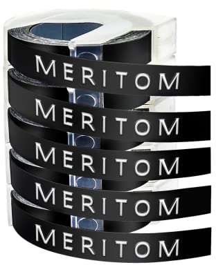 Meritom Kompatibel Prägeband für Dymo Omega und Junior 9mm x 3m Weiß auf Schwarz, 3D Prägebänder, Klebendes Vinyl-Prägeetiketten, 5er-Pack