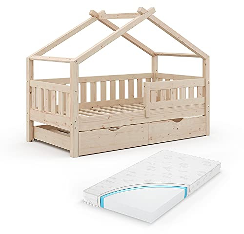 VitaliSpa Hausbett Design, Naturholz, 80x160 cm mit Gästebett und Matratze, geeignet als Spiel- und Schlafbereich für Kinder