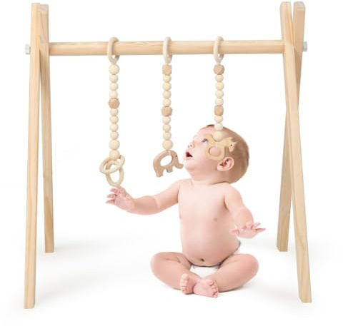 GOPLUS Baby Gym Spieltrapez, Baby Fitnesstrainer aus Holz, mit Spielzeug, Spiel- und Greiftrainer, für Kinder über 3 Monate, zur Verbesserung von Griffigkeit und Koordination (Natur)