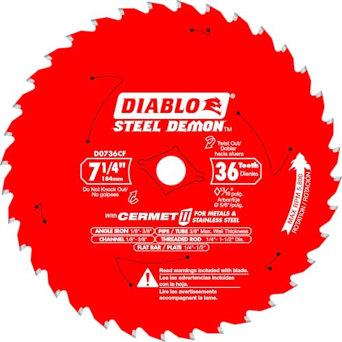 Diablo Steel Demon Cermet II Sägeblatt für dickes Metall, 19,5 cm Durchmesser, 36 TCG-Zähne, 1,6 cm Dorn, 1,9 cm Schnittfuge, 0 Hakenwinkel, 1,6 cm Platte, 5800 max. Drehzahl, D0736CF