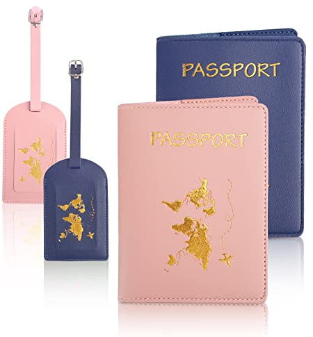 Reisepasshülle 2PCS Reisepass Schutzhülle+2 Kofferanhänger,Kunstleder Passhülle mit Golddruck,Passhülle für Damen Herren Reisepass Kreditkarten,Ausweis und Reisedokumente,10.7×14.2cm (Blau+Rosa)