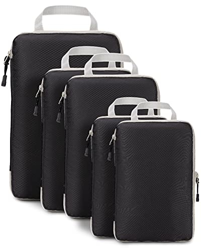 Meowoo 5-teiliges Kompressions-Packwürfel Set - Compression Packing Cubes - Wasserdichter Kofferorganizer mit Reißverschluss (XL, 2×L, 2×M) - Platzsparend für Handgepäck & Koffer (Schwarz)