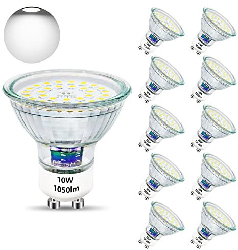 Unikcst GU10 LED Light Bulbs 1050lm,Cool White 10W Spotlight Replaces 100W Halogen Bulb 6000K LED Spot Lights 220-240V, Non Dimmable, 10 Pack